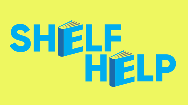 Blue text on a bright yellow-green background saying "Shelf Help". The E's in both words look like books/