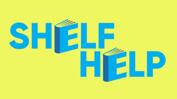 Blue text on a bright yellow-green background saying Shelf Help. The E's in both words look like books/