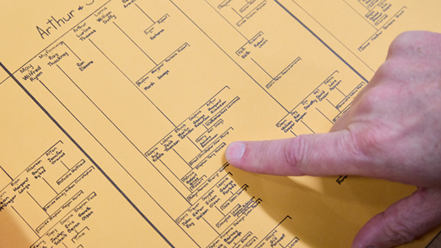 Genealogical chart with hand pointing