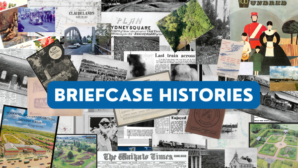 A collaged image including black and white heritage images, newspaper headlines and colour book covers. A blue and white title is overlaid over the image which reads Briefcase Histories.