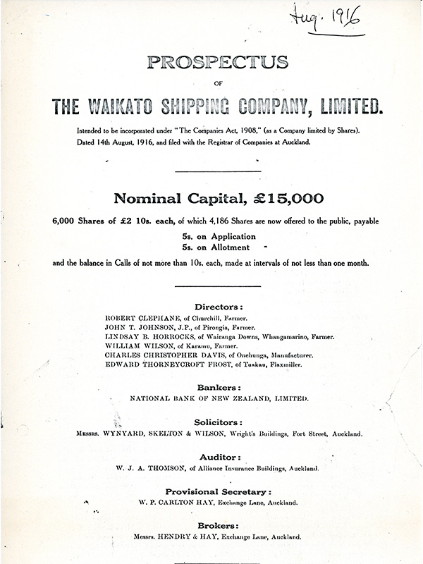 A white page with black text outlining the details of the Waikato Shipping Company Limited in 1916.
