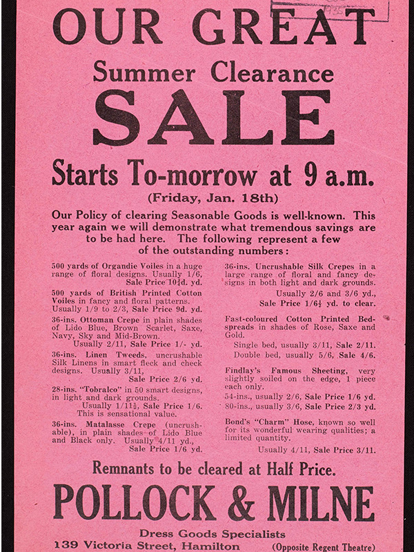 A pink flier advertising a sale at Pollock and Milne, a dress goods shop on Victoria Street. The flier dates from 1935.