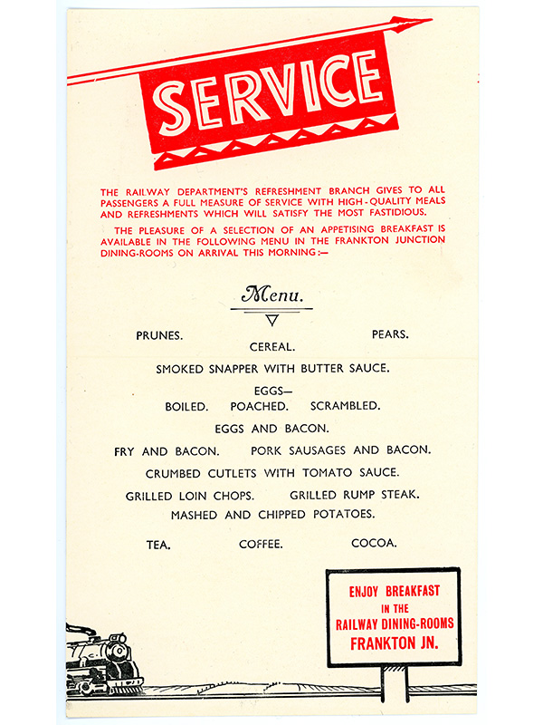 A cream coloured menu with red and black writing. A sketch of a train is at the bottom of the menu.