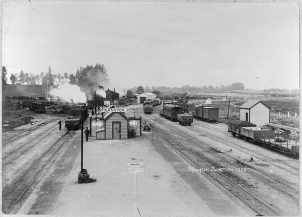 Frankton railyard showing multiple steam trains and other wagons.
