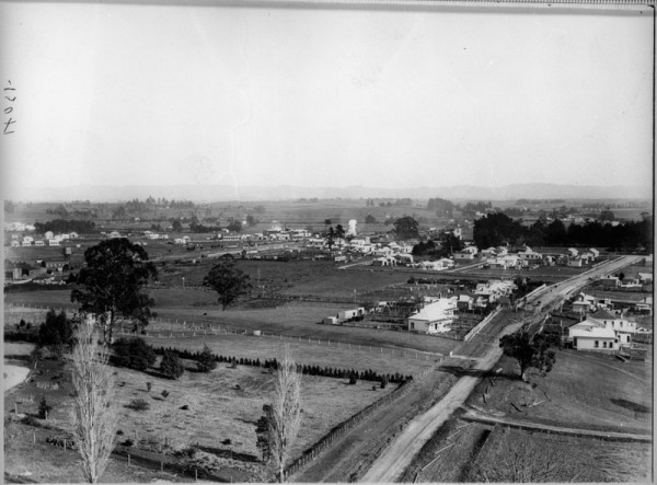 Panoramic image of farmland with some houses along a road to the right of image.
