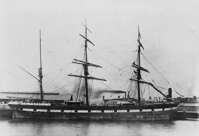 Black and white image of the ship Aurora at dock. Ref: 1/2-025379-F. Alexander Turnbull Library, NZ