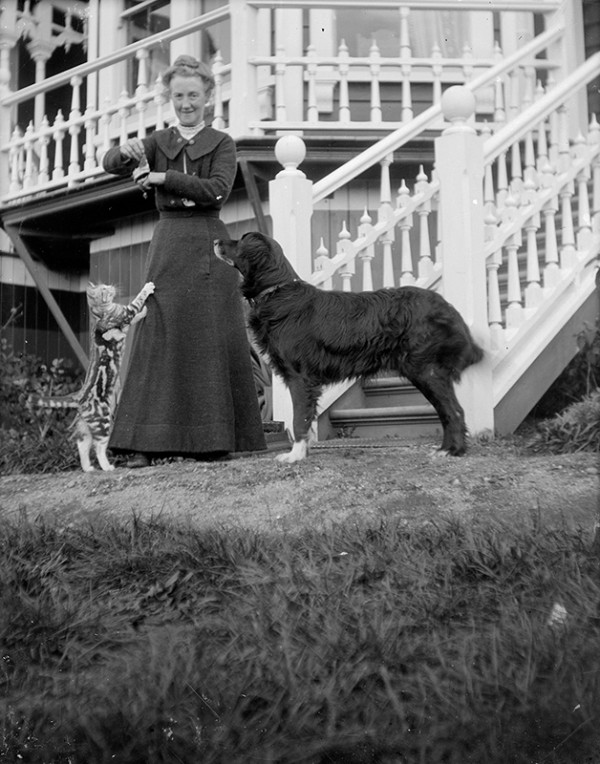 A black and white image showing a woman in long dark skirt with matching jacket standing outside a wooden house. A dog stands to the right of the woman looking up at her, while a cat stands on it's hind legs, reaching for food in her hand. The cats front paws are clawing the woman's skirt.
