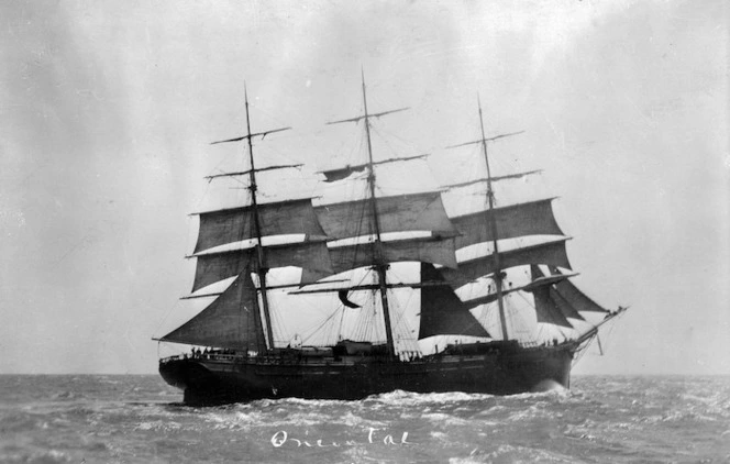 Black and white image of the ship Oriental at half-sail. Ref: 1/2-038387F. Alexander Turnbull Library, NZ