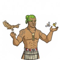 Tāne-mahuta as god of the forest stands with birds on his hands.