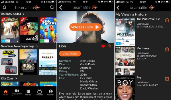 Screenshots of the Beamafilm app