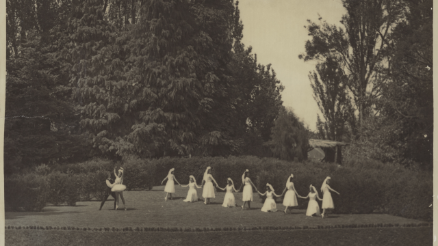 young women practice ballet in the park