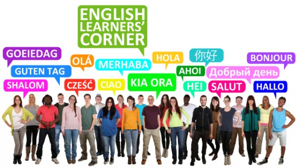 Crowd of people with different coloured speech bubbles with the word Hello in various languages. The largest speech bubble says English Learners' Corner.