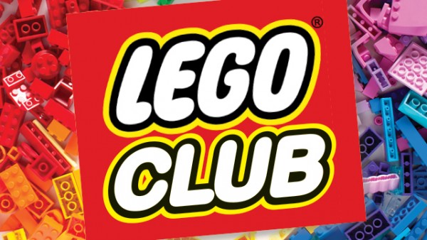 LEGO CLUB written in the style of the LEGO logo, over a background of jumbled LEGO bricks.