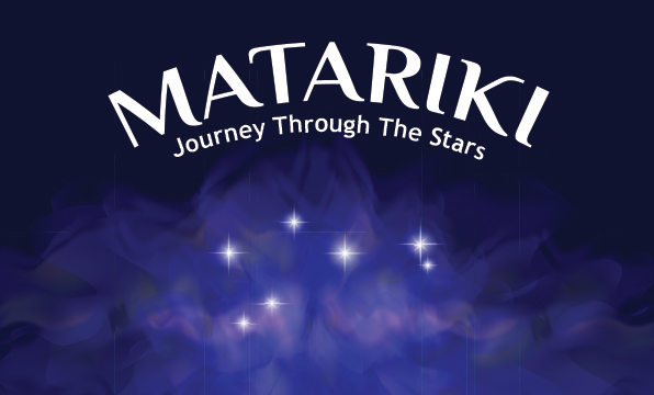 Matariki constellation on dark blue background. Text above reads Matariki and Journey through the stars.