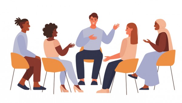 Illustration of a group of 5 people sitting on chairs in a circle and talking.