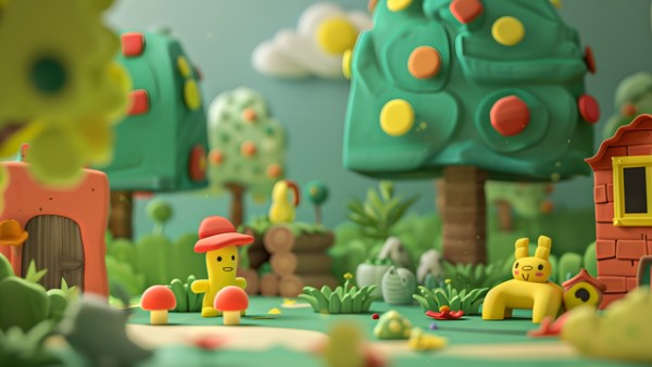 cute clay made characters in a forest. 