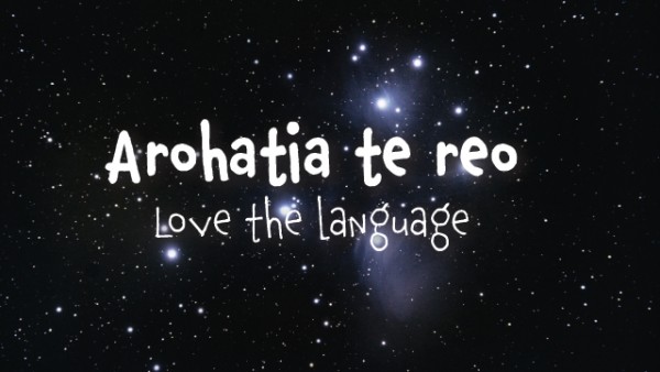 Night sky with the Matariki constellation glowing. Text over the image says Arohatia te reo - Love the language.