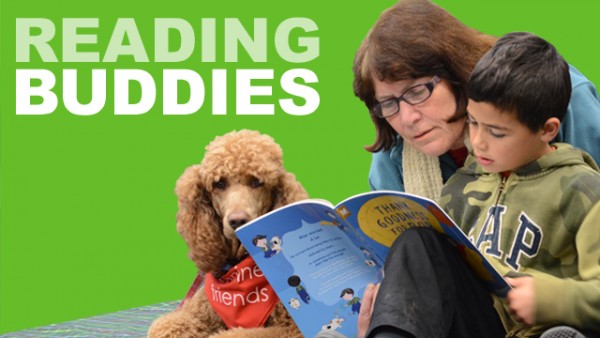 A green background with the wording Reading Buddies, next to a child reading a picture book next to an adult and a therapy dog.