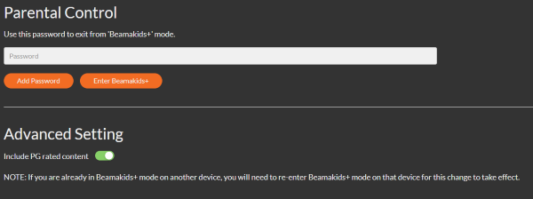 Screenshot of the Parental Control settings in Beamafilm, where you can enter a password or toggle off the PG-rated content.