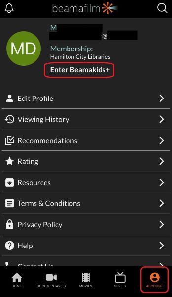 Screenshot of the Account section of the Beamafilm app, showing where the Enter Beamakids+ option is.