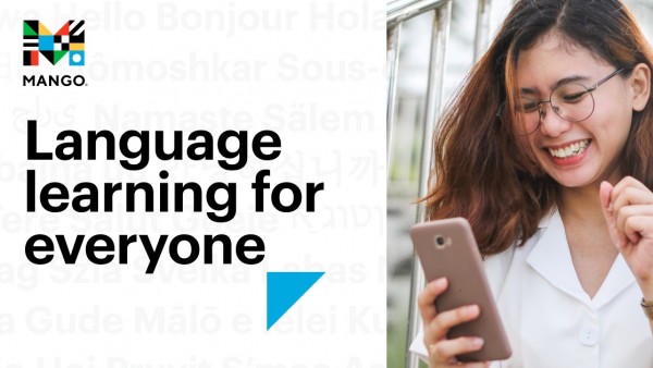 Text saying Language learning for everyone next to a woman holding a mobile phone and looking excited.